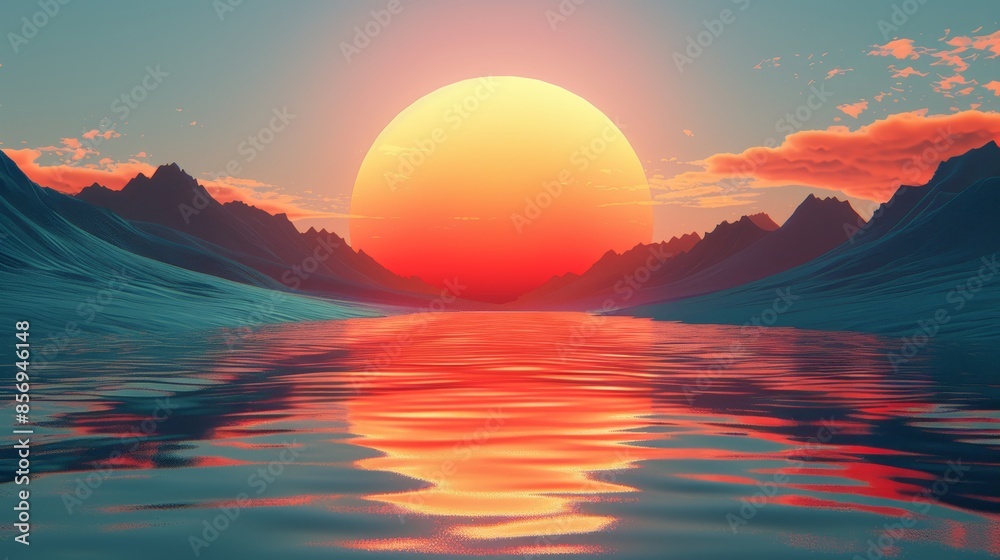 A large sun is setting over a body of water A large sun is setting over a body of water