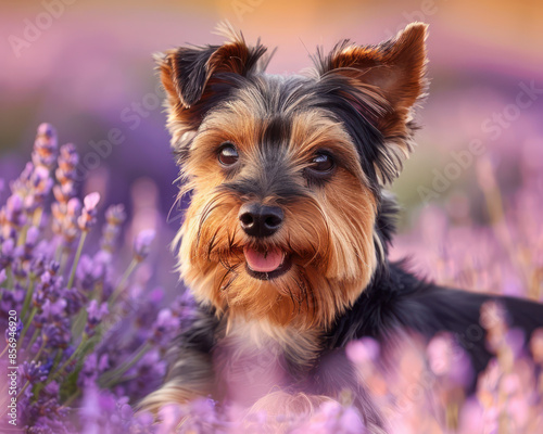 Adorable Yorkshire Terrier Dog Sitting in a Beautiful Lavender Field on a Sunny Day, Surrounded by Blooming Purple Flowers, Capturing the Essence of Nature, Joy, and Serenity in a Perfect Moment © pisan