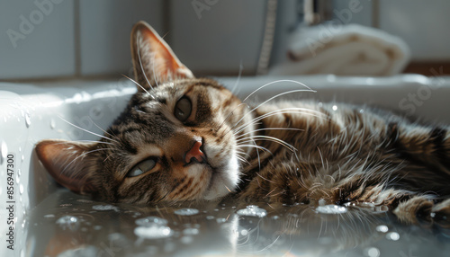 Cat Relaxing in the Sink with Water Droplets on Face Close Up of a Striped Cat Lounging in the Sink with Water, Beautiful Feline, Relaxed Pet, Cozy Moment, Indoor Cat Photography photo