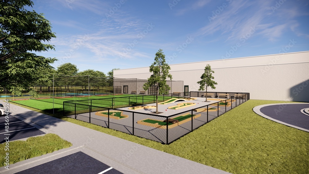 Fototapeta premium A vibrant green mini golf course with wooden features and a creatively landscaped area surrounded by a fence