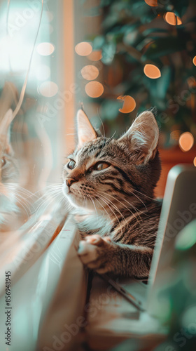 Curious Tabby Cat Relaxing by the Window with Bokeh Lights in the Background A Calming and Serene Moment Captured Perfectly in This Beautiful Photograph photo
