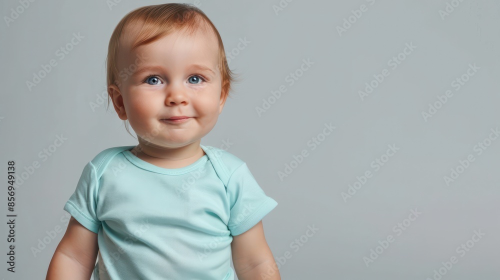 baby with blue eyes and light brown hair, smiling and wearing a light blue onesie, against a minimalistic gray background. Perfect for baby-themed content. baby with blue eyes and light brown hair, smiling and wearing a light blue onesie, against a minimalistic gray background. Perfect for baby-themed content.