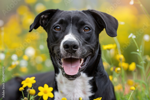 Happy Black and White Dog in a Blooming Meadow with Yellow and White Flowers on a Sunny Day, Capturing the Joy and Beauty of Nature, Ideal for Pet Lovers and Nature Enthusiasts Alike