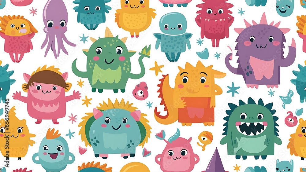 Fototapeta premium Vector cute doodle monsters seamless pattern