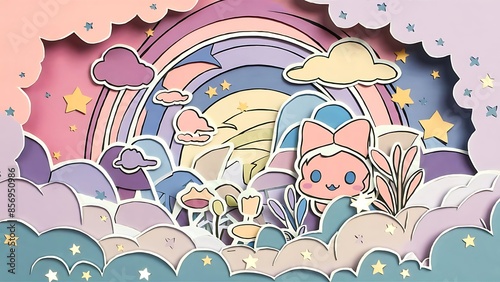 Colorful Sky with Clouds and Stars Background in a paper cut wallpaper