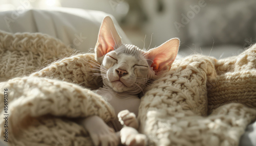 Serene Sphynx Cat Wrapped in a Cozy Knitted Blanket Taking a Peaceful Nap in a Warm and Cozy Home Setting During a Calm Afternoon photo