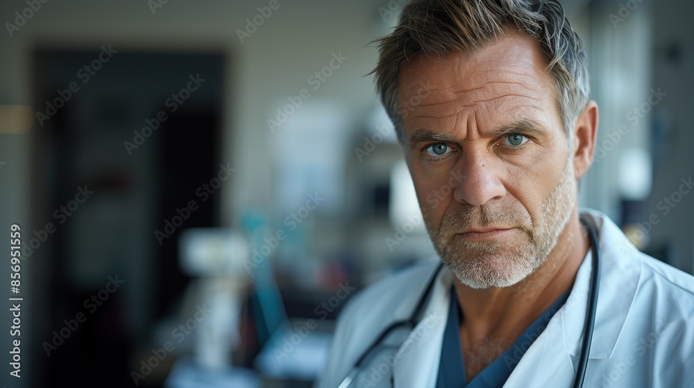 Experienced Male Doctor in Hospital Setting, Professional and Focused, Healthcare Environment, Close-Up Portrait
Experienced Male Doctor in Hospital Setting, Professional and Focused, Healthcare Environment, Close-Up Portrait