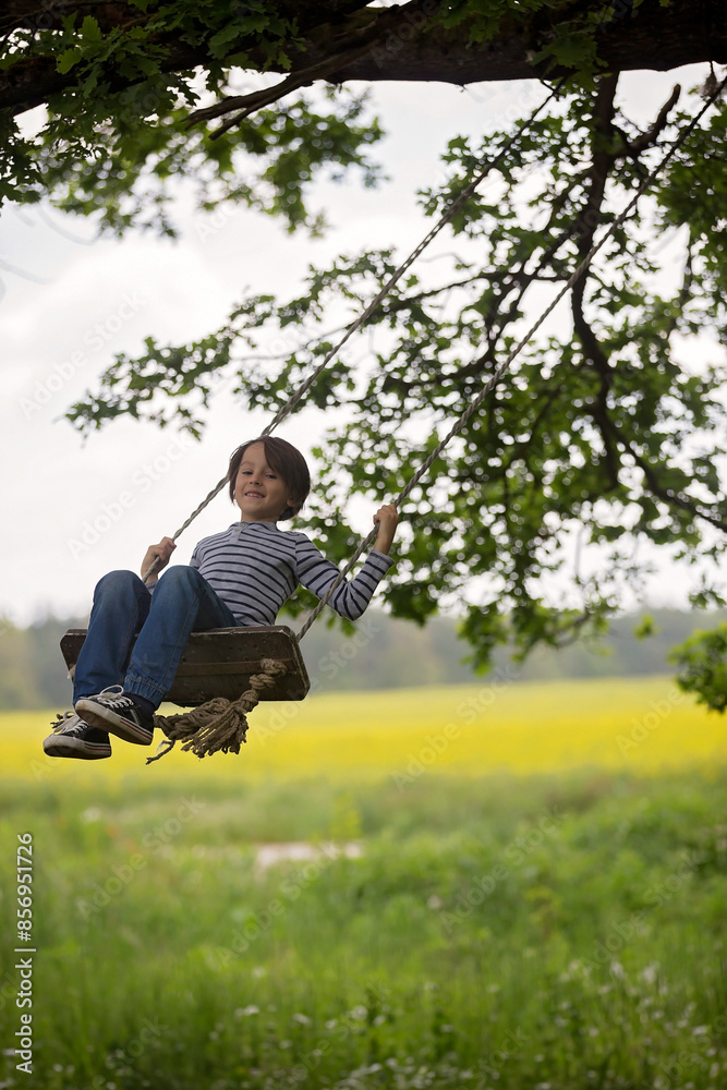 Sweet child, preteen boy, swinging on a wooden swing Sweet child, preteen boy, swinging on a wooden swing