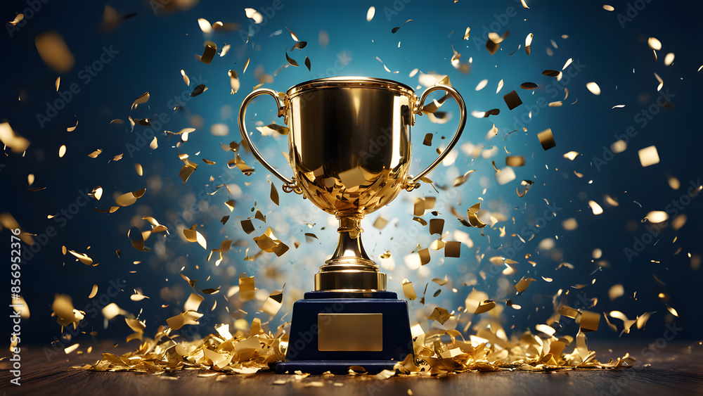 A gold cup with a blue base is surrounded by gold confetti A gold cup with a blue base is surrounded by gold confetti