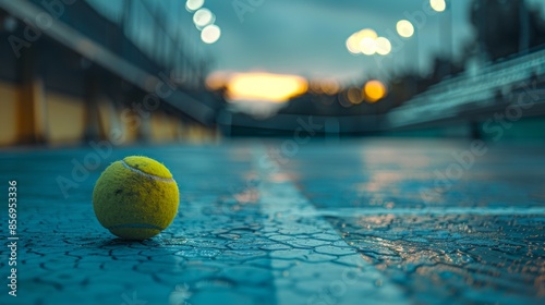 Sunset Tennis Court with Focused Tennis Ball on Wet Ground