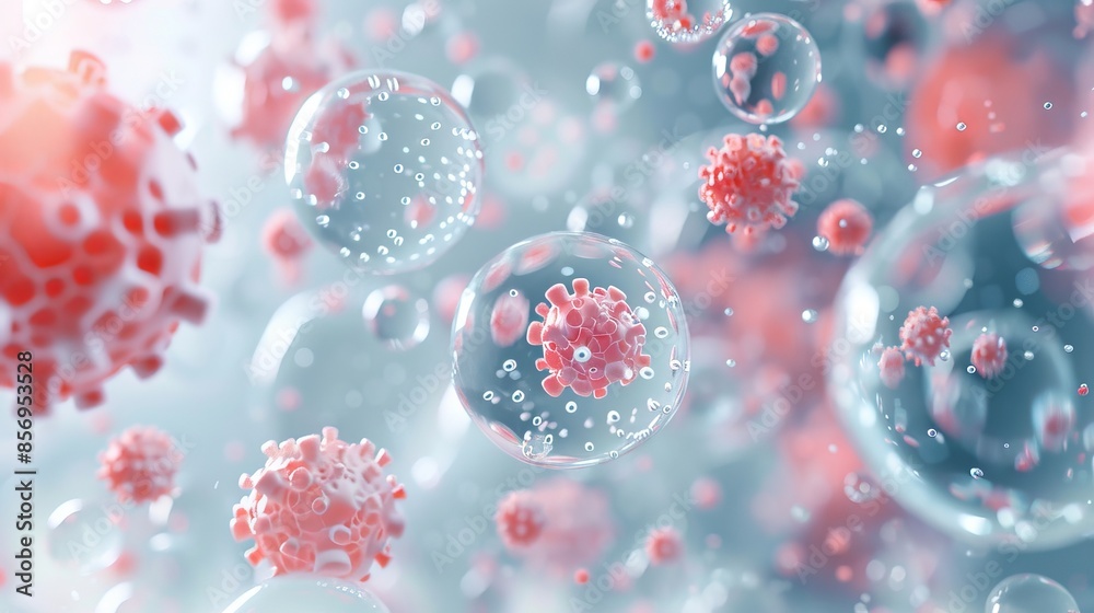 A 3D rendering illustrates molecules and cells in a skincare and biomedical context A 3D rendering illustrates molecules and cells in a skincare and biomedical context