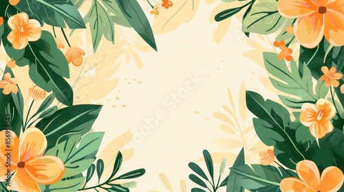A decorative floral border featuring vibrant orange flowers and various green leaves, surrounding a blank space in the center, perfect for invitations or artwork backgrounds.