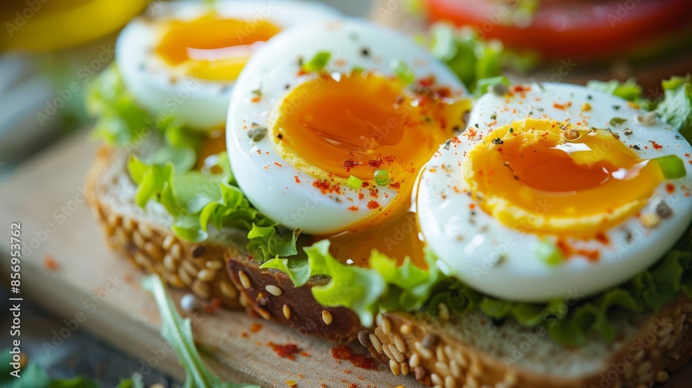 vibrant close-up of a healthy boiled egg sandwich with fresh lettuce and seasoning, highlighting the fresh and nutritious ingredients.
