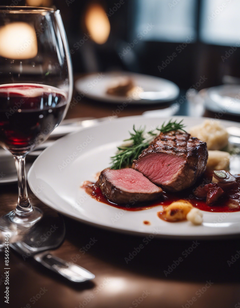 grilled red meat cooked medium rare on a white porcelain plate with a glass of red wine in a luxury
grilled red meat cooked medium rare on a white porcelain plate with a glass of red wine in a luxury