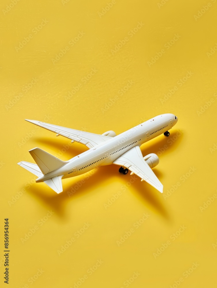 Miniature toy airplane on yellow background with copy space. Summer holiday air travel by plane concept. Travel agency banner design template, banner or header mockup Miniature toy airplane on yellow background with copy space. Summer holiday air travel by plane concept. Travel agency banner design template, banner or header mockup