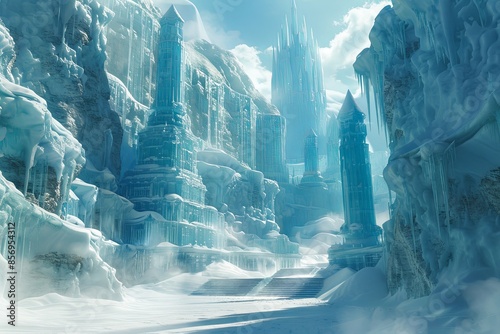 A fantasy ice palace with intricate details carved from ice, nestled within a frozen landscape. Generative AI
