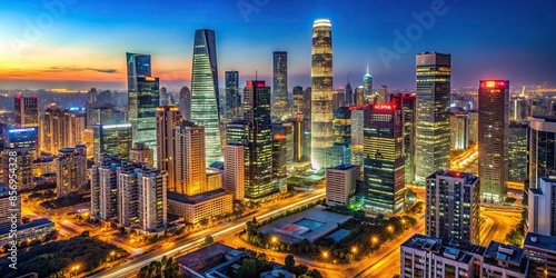 High angle night view of illuminated CBD buildings in Beijing, China, Beijing, China, CBD