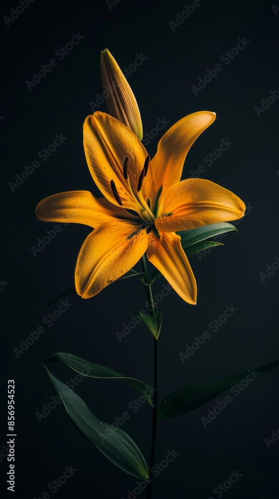 Obraz premium Yellow lily against dark background, isolated close-up. Botanical beauty concept