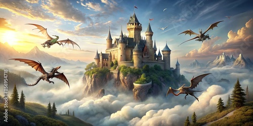 Fantasy castle with circling dragons in the sky , desolate, castle, dragons, fantasy, flying, mythical