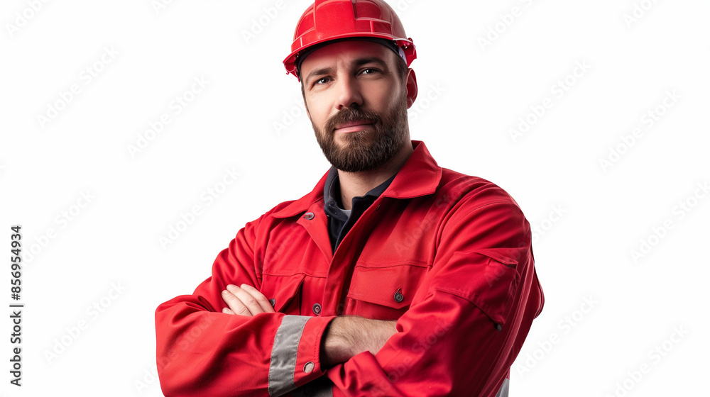 worker man in red shirt and hard hat isolated on white background worker man in red shirt and hard hat isolated on white background