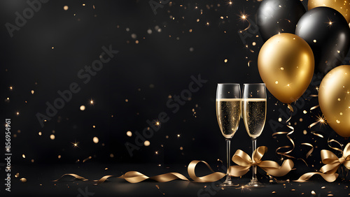 A black and gold background with two champagne glasses and two balloons