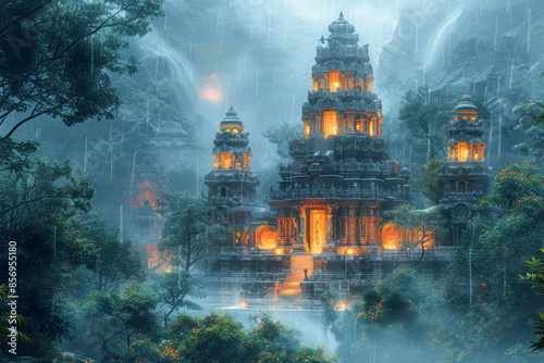 3D digital artwork of a temple with intricate details illuminated by sunrise,