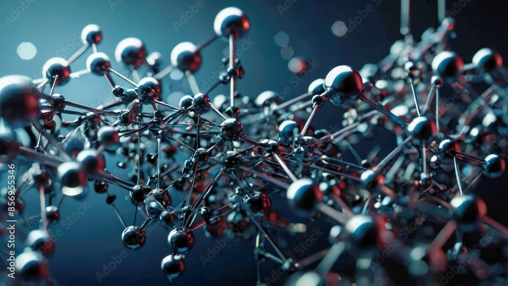 An atomic structure or a molecular model, central glowing nucleus surrounded by orbiting electrons spheres connected by lines, suggesting their paths or orbits An atomic structure or a molecular model, central glowing nucleus surrounded by orbiting electrons spheres connected by lines, suggesting their paths or orbits
