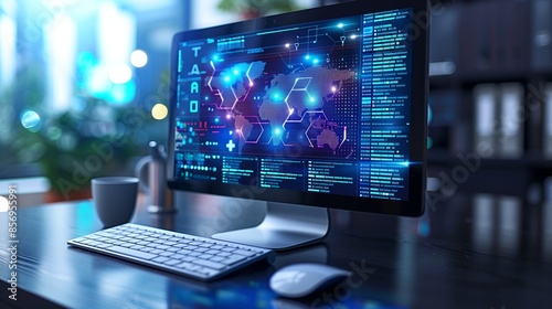 Modern Office Computer With Global Network Visualization