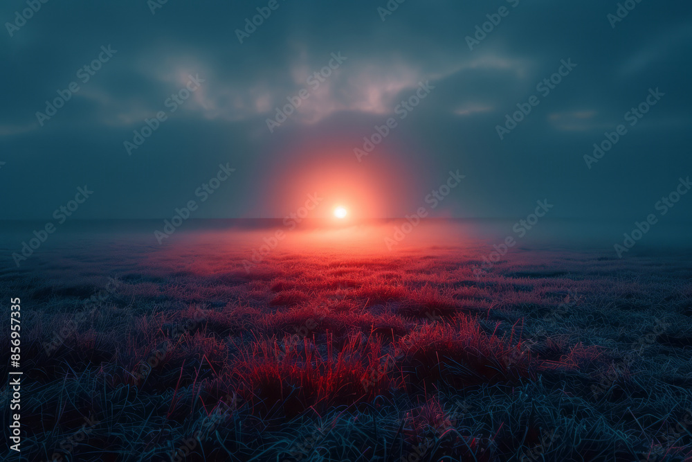 Obraz premium Ethereal horizon at dawn with a glowing sun and misty foreground,