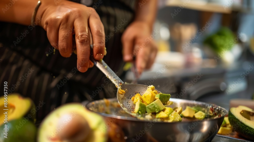 person scoops avocado flesh with a spoon, preparing a fresh and healthy dish in a warm and inviting kitchen atmosphere. person scoops avocado flesh with a spoon, preparing a fresh and healthy dish in a warm and inviting kitchen atmosphere.