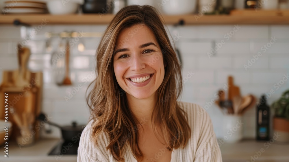 cheerful woman in a cozy kitchen, highlighting a warm and welcoming atmosphere perfect for lifestyle and home-related projects. cheerful woman in a cozy kitchen, highlighting a warm and welcoming atmosphere perfect for lifestyle and home-related projects.