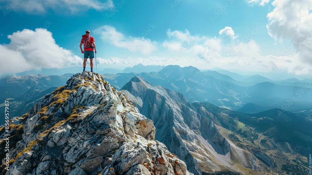 Runner Standing on Mountain Peak with Stunning Mountain Views