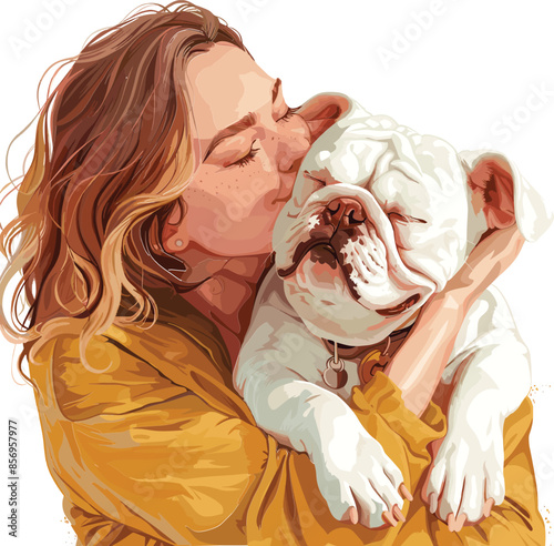 people girl woman hug cat and dog tighly with love illustration vector clipart