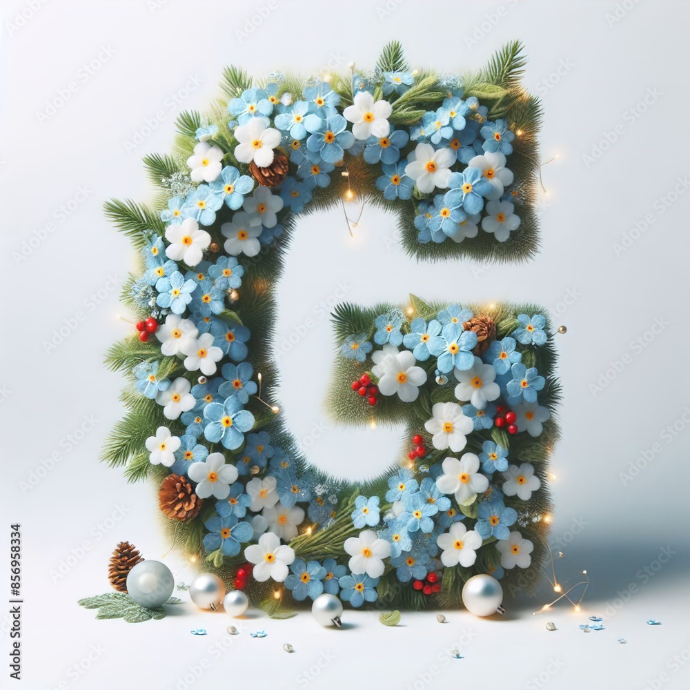 Letter set made of forget-me-not flowers and sparkling Christmas lights Letter set made of forget-me-not flowers and sparkling Christmas lights
