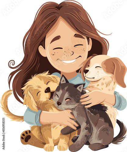 people girl woman hug cat and dog tighly with love illustration vector clipart