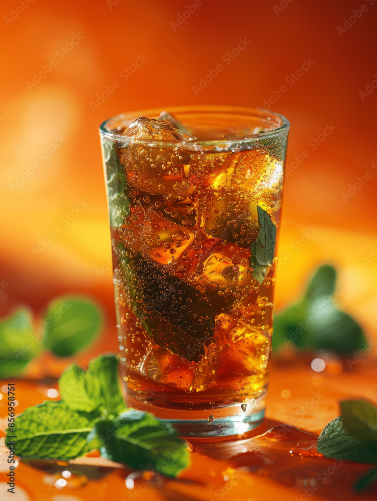 Glass of iced tea with mint leaves and ice cubes, orange background Glass of iced tea with mint leaves and ice cubes, orange background