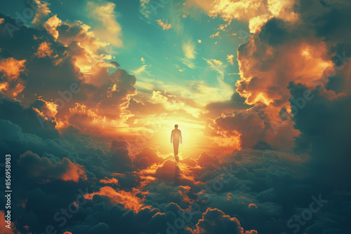 Tranquil ascension of a figure rising gracefully through a serene, radiant sky,