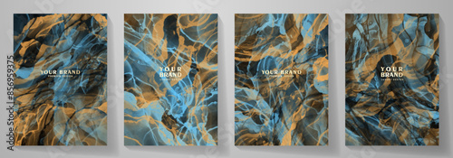 Elegant abstract cover design set with blue and gold luxury hand drawn background for cover design, invitation, poster, flyer, wedding card, luxe invite, prestigious voucher, catalog, brochure.