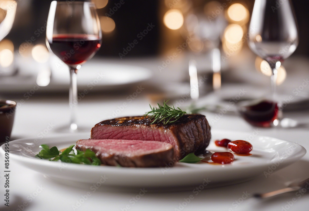 grilled red meat cooked medium rare on a white porcelain plate with a glass of red wine in a luxury
grilled red meat cooked medium rare on a white porcelain plate with a glass of red wine in a luxury