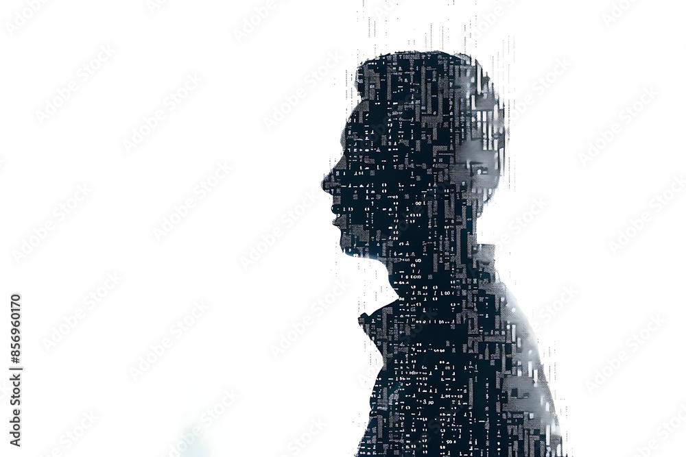 Isolated silhouette of a man’s portrait made from binary code in a wireframe plexus style on a white background. Isolated silhouette of a man’s portrait made from binary code in a wireframe plexus style on a white background.