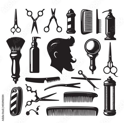 Barber and hairdresser icon set. Barbershop tools. Hair cut instruments with retro razor, comb or brush, scissors, vintage blade.