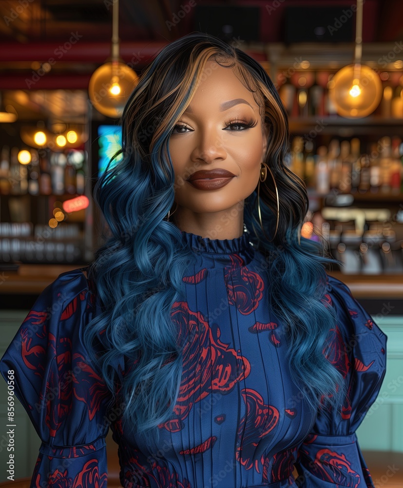 Stylish woman with blue wavy hair in a patterned dress at a trendy bar, modern and chic nightlife
Stylish woman with blue wavy hair in a patterned dress at a trendy bar, modern and chic nightlife