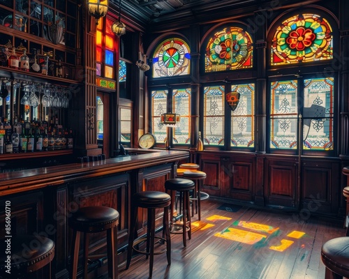 Cozy traditional pub interior with a wooden bar, leather stools, and colorful stained glass windows, creating a warm and inviting atmosphere © kitidach
