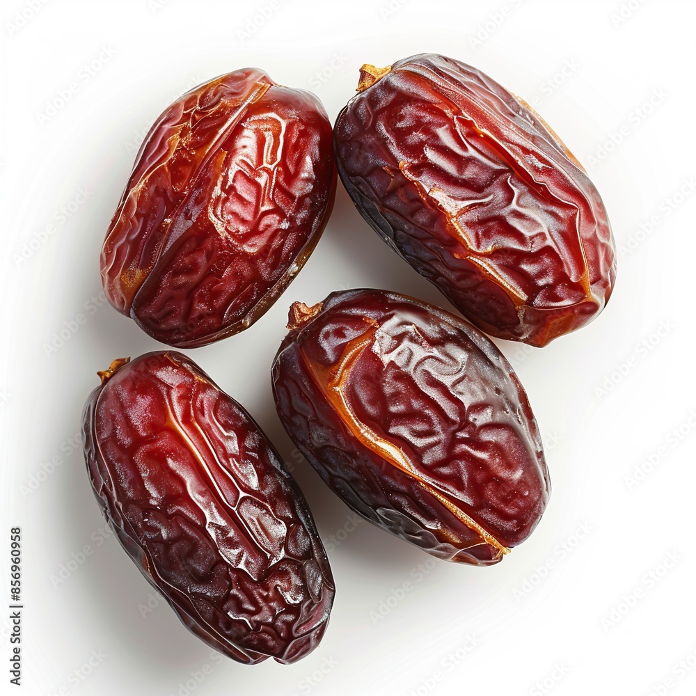 Close-up of several dates fruit, isolated on a white background, highlighting their rich texture and natural sweetness. Close-up of several dates fruit, isolated on a white background, highlighting their rich texture and natural sweetness.