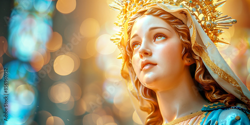 hyper realistic elegant statue of a pretty Virgin Mary with a golden crown against a sky with clouds and abstract divine lights with copy space in abstract blurred background