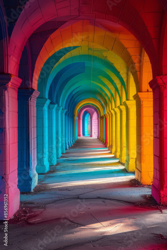 A mesmerizing corridor filled with rainbow hues, opening up to a glowing horizon,
