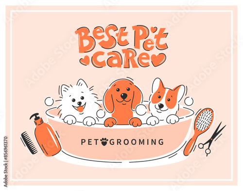 Pet grooming. Cartoon dogs taking a bath full of soapy suds. Animal hair grooming, haircuts, bathing, hygiene. Vector illustration