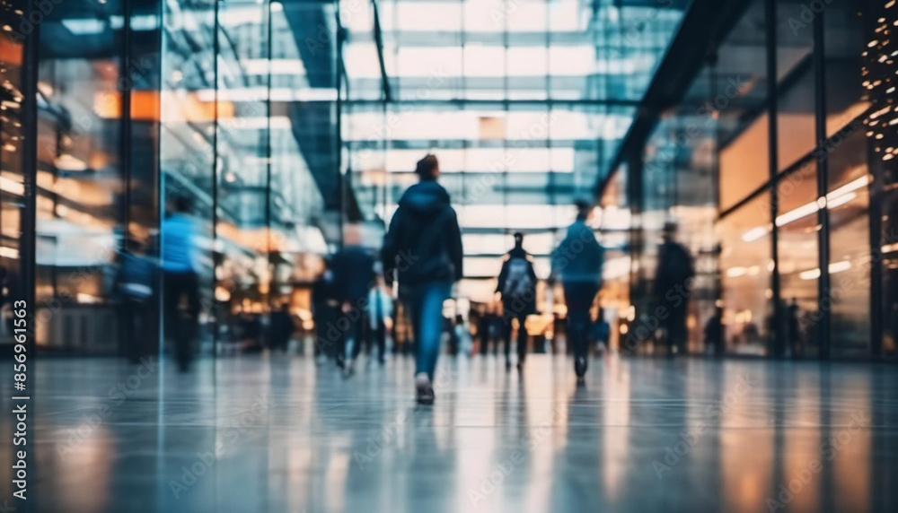Modern glass space with blurred walking people. Modern glass space with blurred walking people.