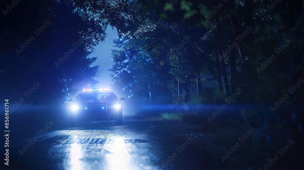 A police car with flashing lights illuminates a dark, wet forest road at night, creating an evocative atmosphere filled with suspense and tension, captured in high detail. A police car with flashing lights illuminates a dark, wet forest road at night, creating an evocative atmosphere filled with suspense and tension, captured in high detail.