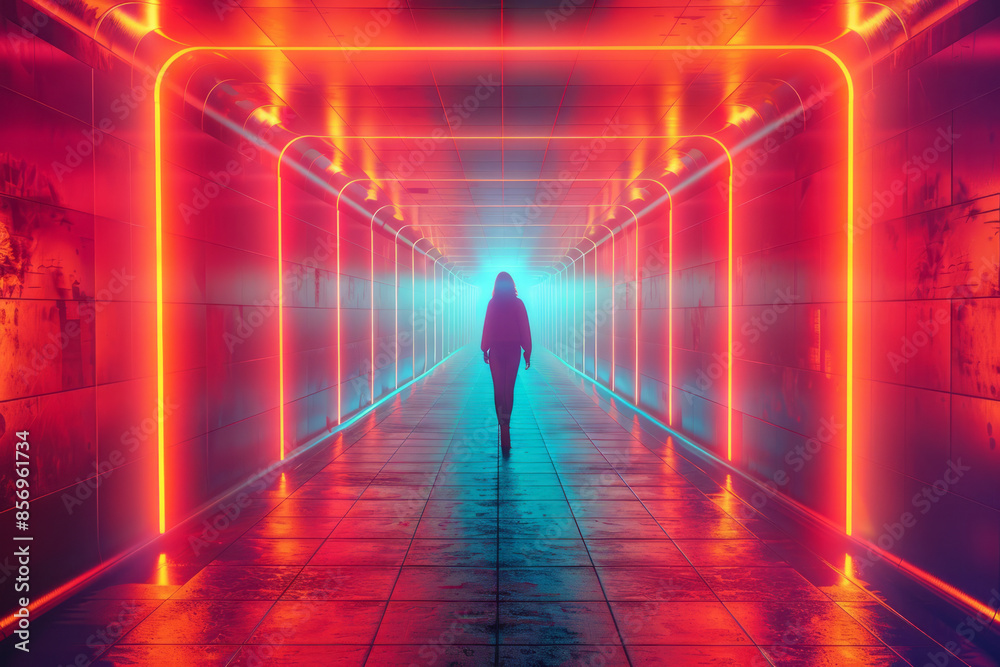 Digital scene of a neon-lit corridor leading to a luminous, bright horizon, Digital scene of a neon-lit corridor leading to a luminous, bright horizon,